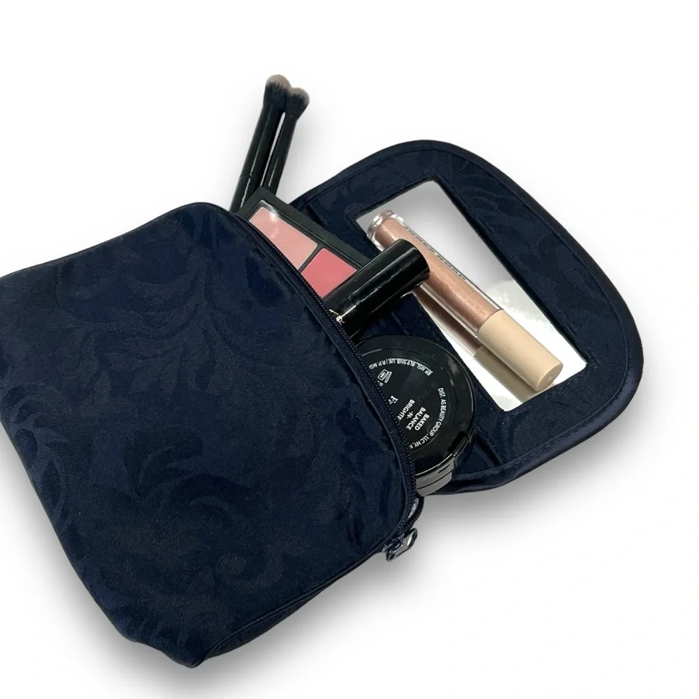 DIOR Midnight Blue Damask Cosmetic/Jewelry Bag Gold Tone Logo